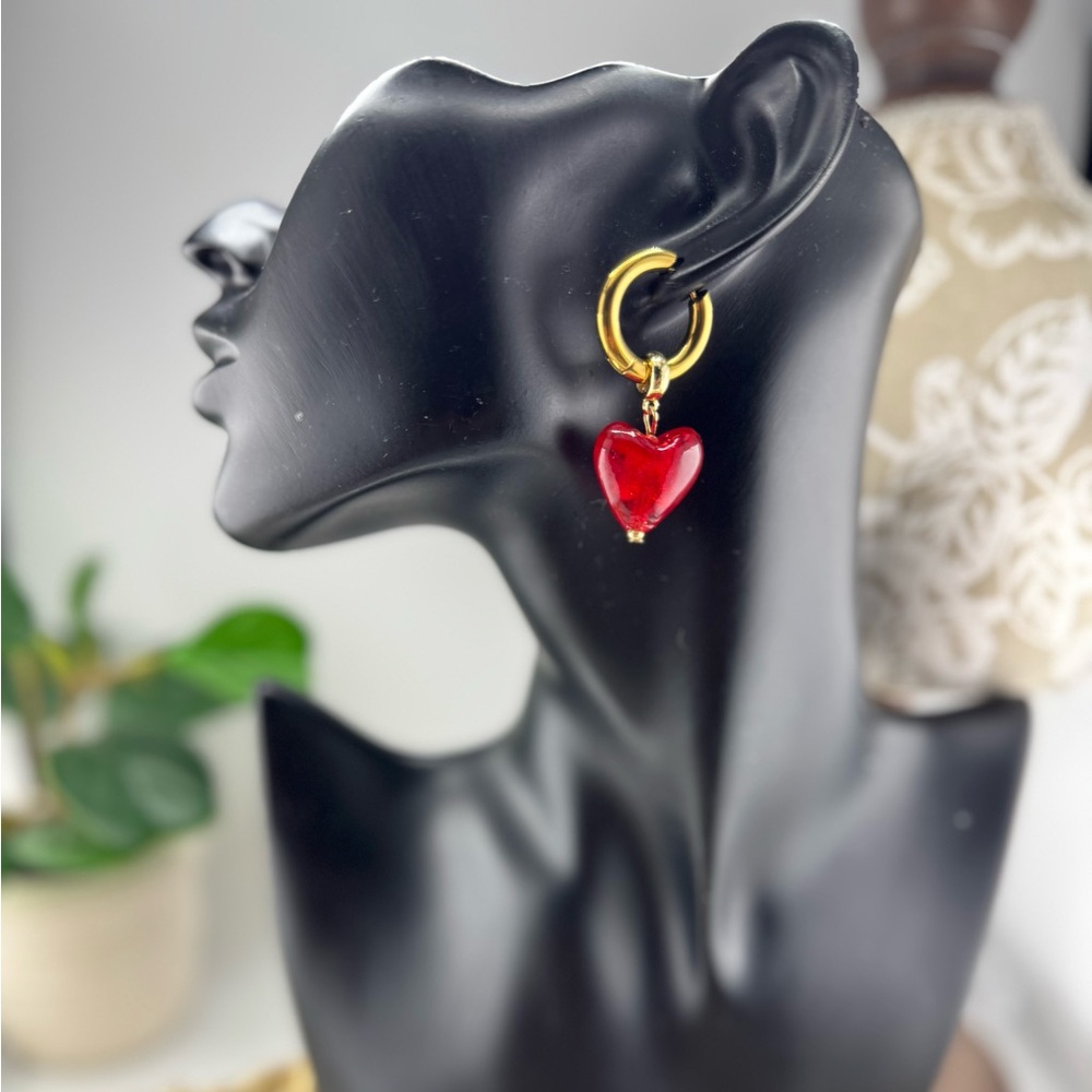 Gold Hoop Earrings with Red Heart Charm – Romantic & Playful - Picture 9 of 12